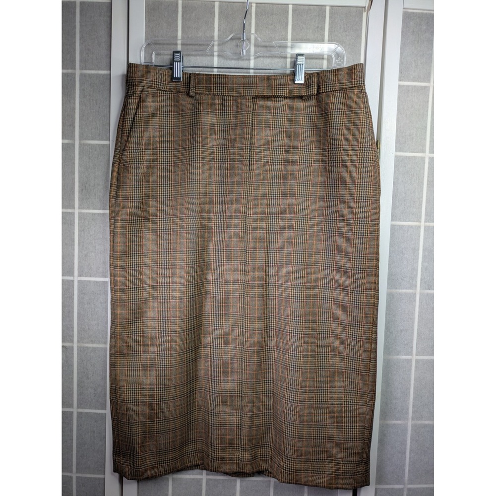 VTG Womens Plaid Pencil Skirt 10 Preppy Midi 100% Wool Brown Houndstooth Pockets